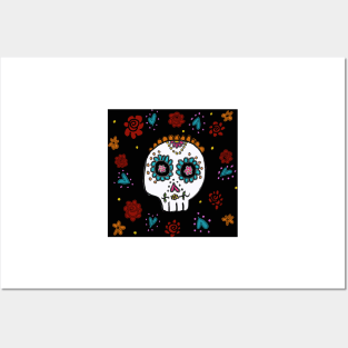 Sugar Skull and Roses black background Posters and Art